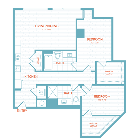 Floor plan for 2 beds, 2 baths, 1027 sqft